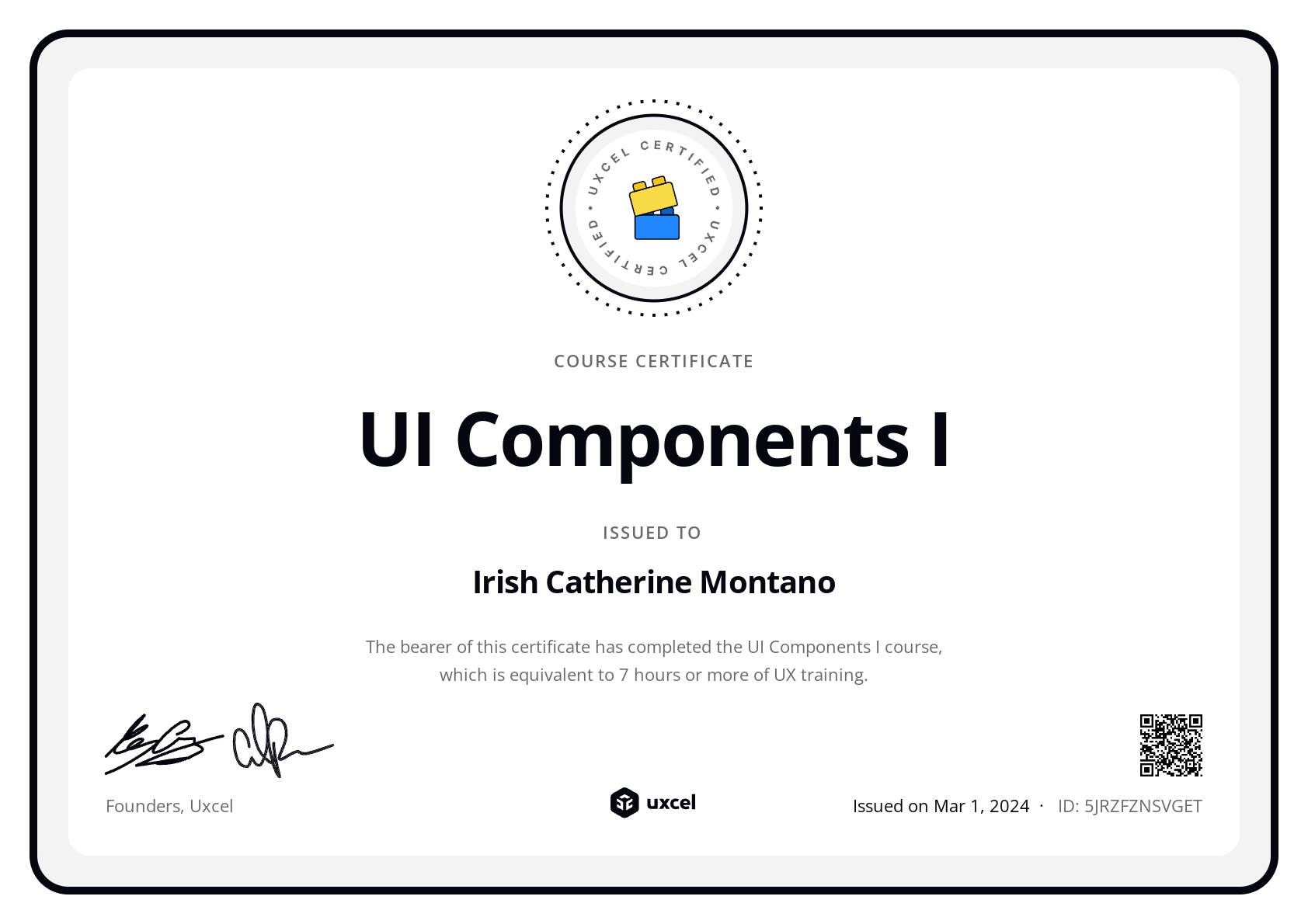 Irish Catherine Montano's certificate